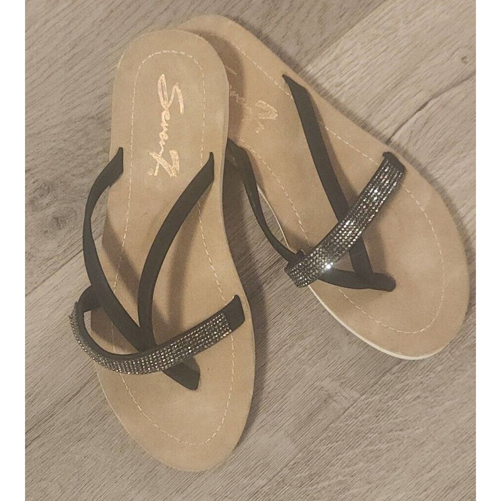 Seven7 Women shoes sandals Black Rhinestones Flip Flop Slide‎ Size 9